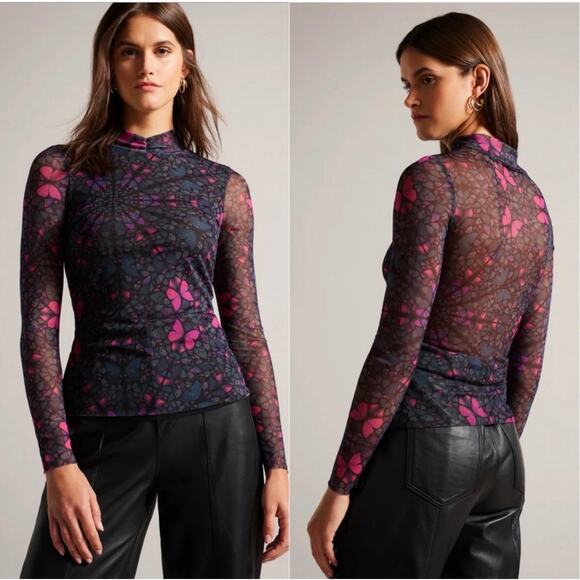 Ted Baker Kamill Butterfly Printed Mesh Mock Neck Long Sleeve Top Size 2 - Picture 1 of 6
